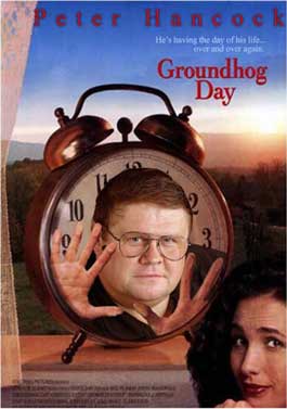 A parody movie poster for "Groundhog Day" featuring a man's face and hands within a clock and a woman's face in the corner.