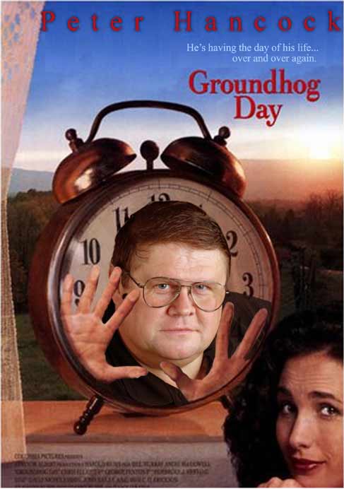 A movie poster for "Groundhog Day" with an alarm clock in the background. A person is photoshopped inside the clock's face, their hands raised as if trapped. The title and other text are visible.